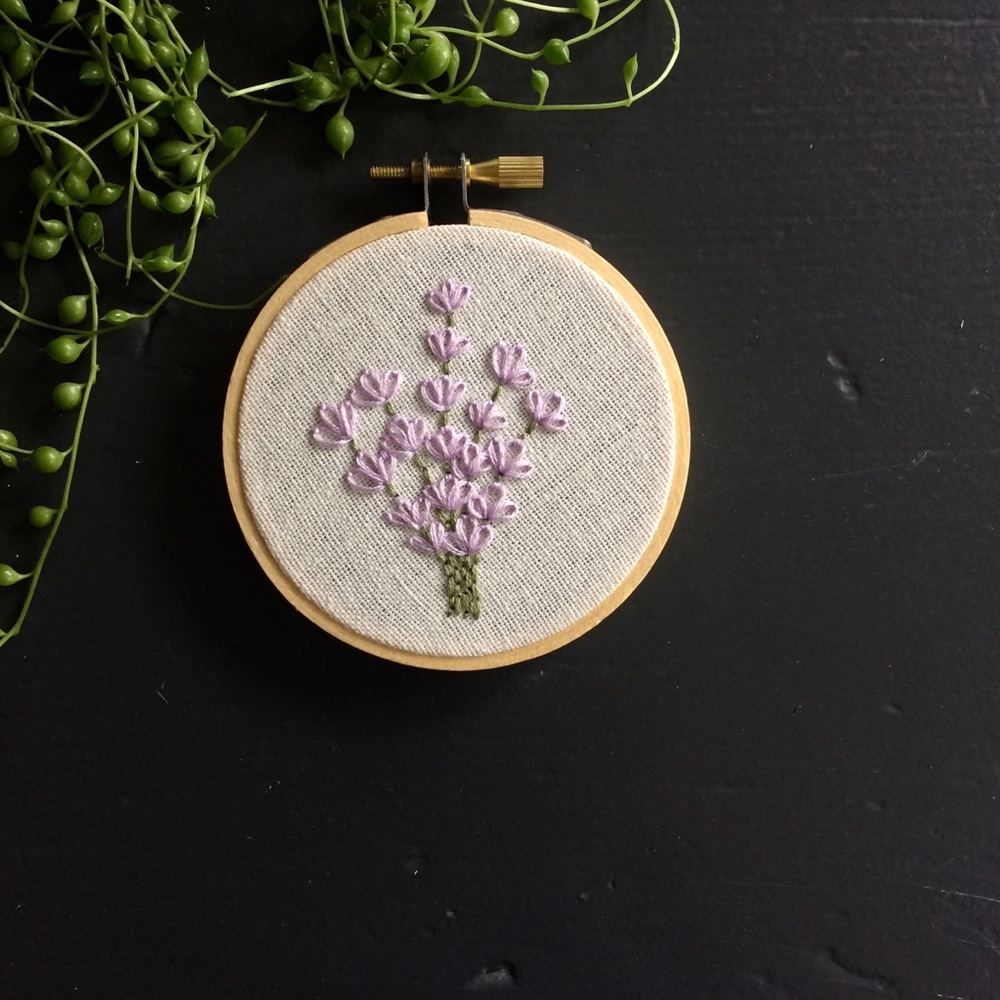 Hand embroidered lavender wall art.